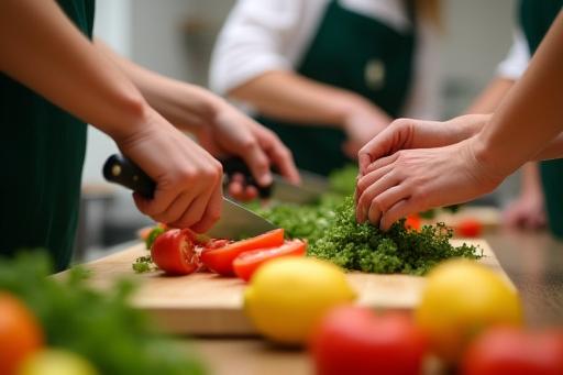 People learning to prepare healthy meals in a cooking class setting.