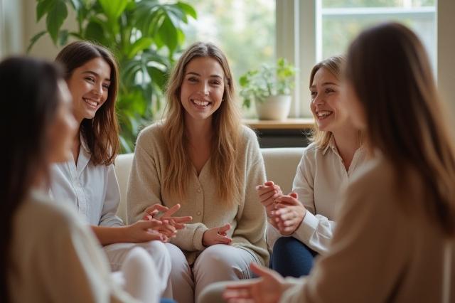 A diverse group of individuals engaged in a personalized wellness coaching session, smiling and interacting positively.